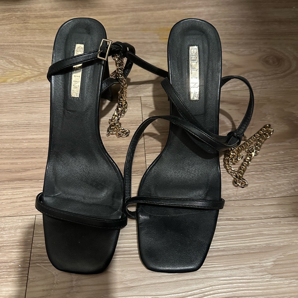 Billini Black Strappy Heels with Gold Chain Accent